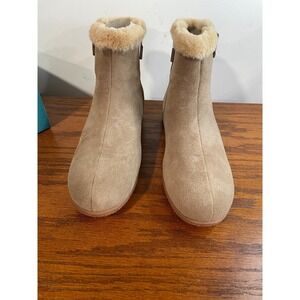 Womens 6.5 Suede Ankle Boots Faux Fur Trim Softwalk Helena Stone Zip Comfort Tan
